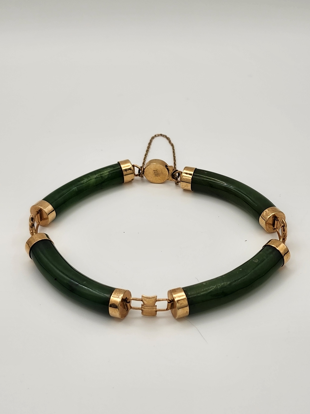 Vintage 14K Gold Green Jade Tube Bracelet 8" Safety Chain